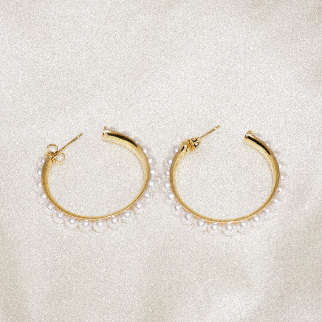 Medium Pearl Hoops - Gold