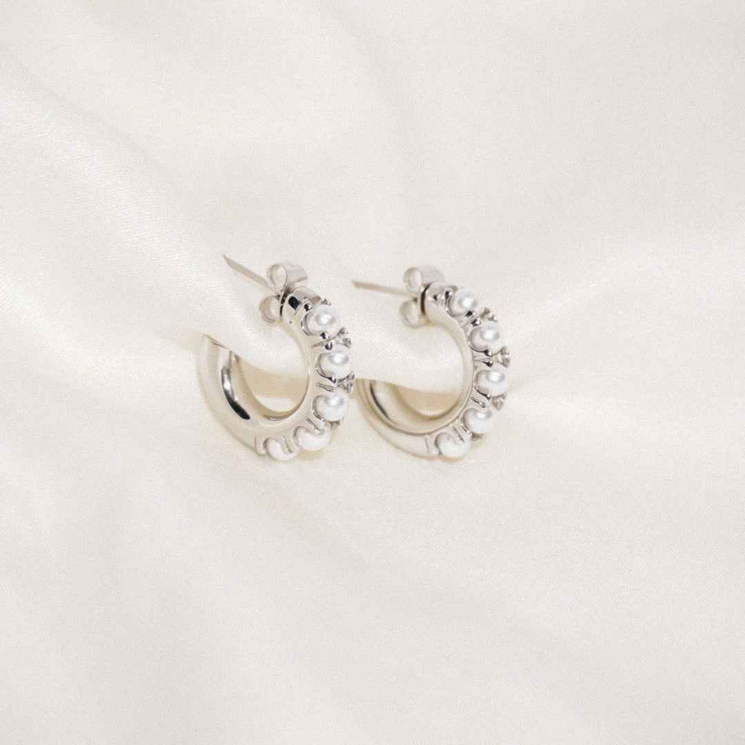 Mini Pearl Hoops - Silber